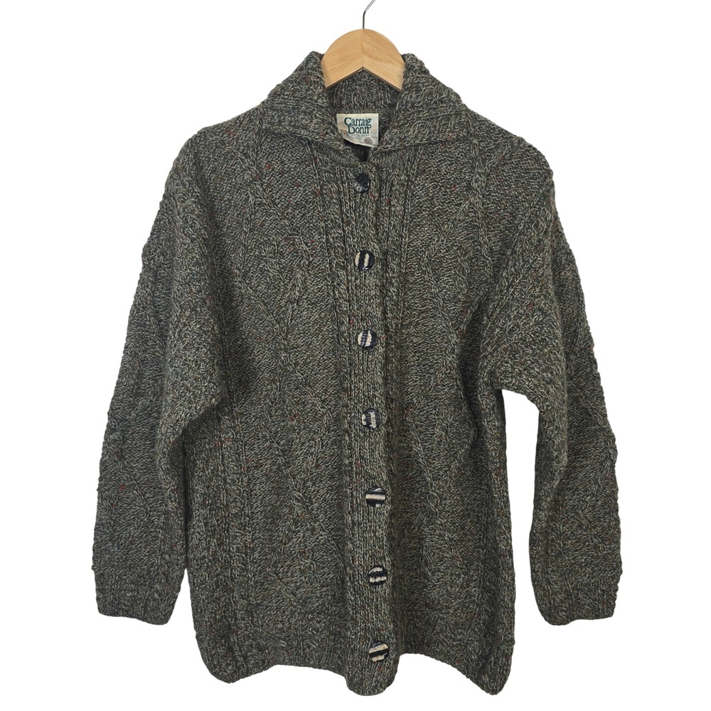 Carraig Donn Aran Wool Cardigan Sweater Green Tweed Shawl Collar Ireland S